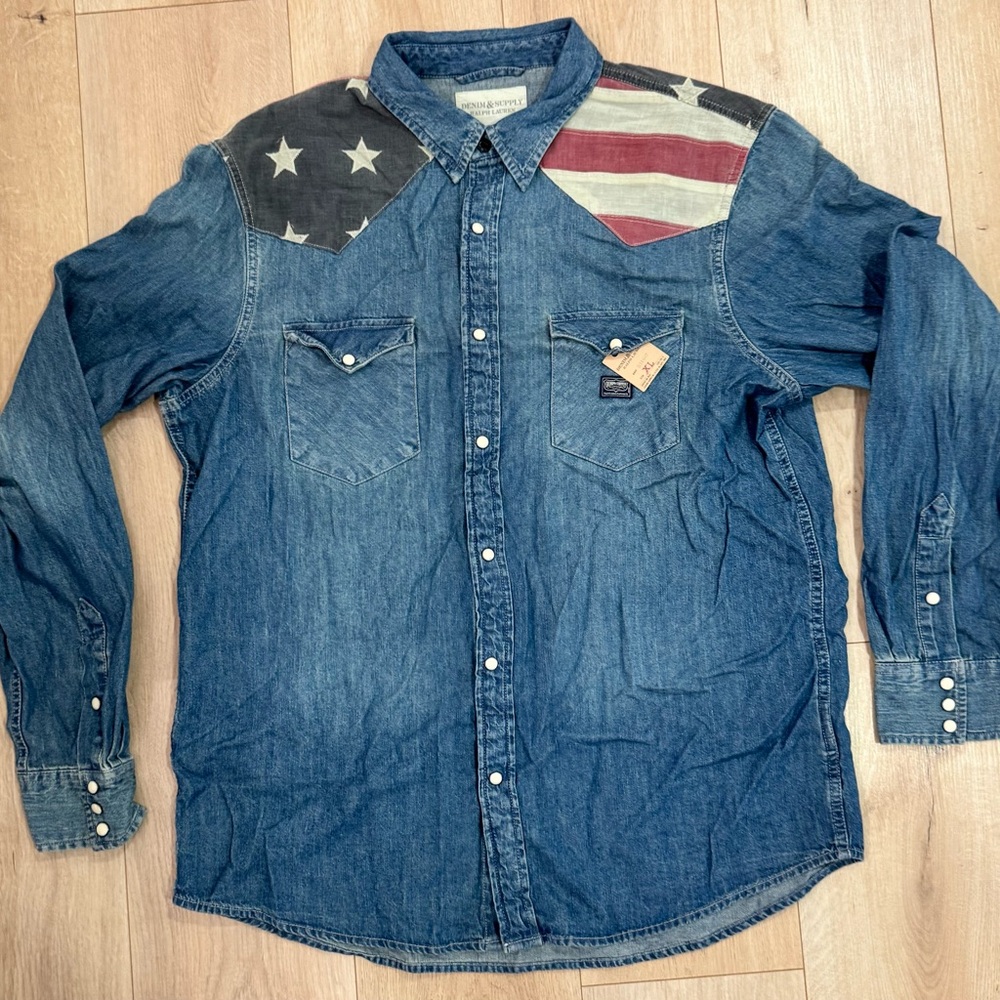 NWT Ralph Lauren Denim & Supply Women XL American Flag Button Up Pearl Snap